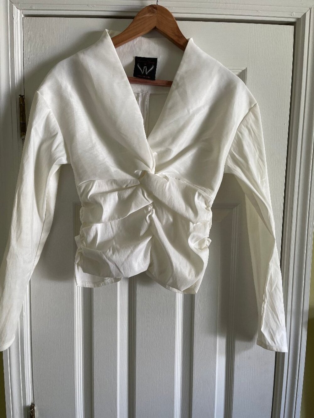 Vintage Veronique Young For W White Twist Front Ruched Long Sleeve Crop Blouse S
